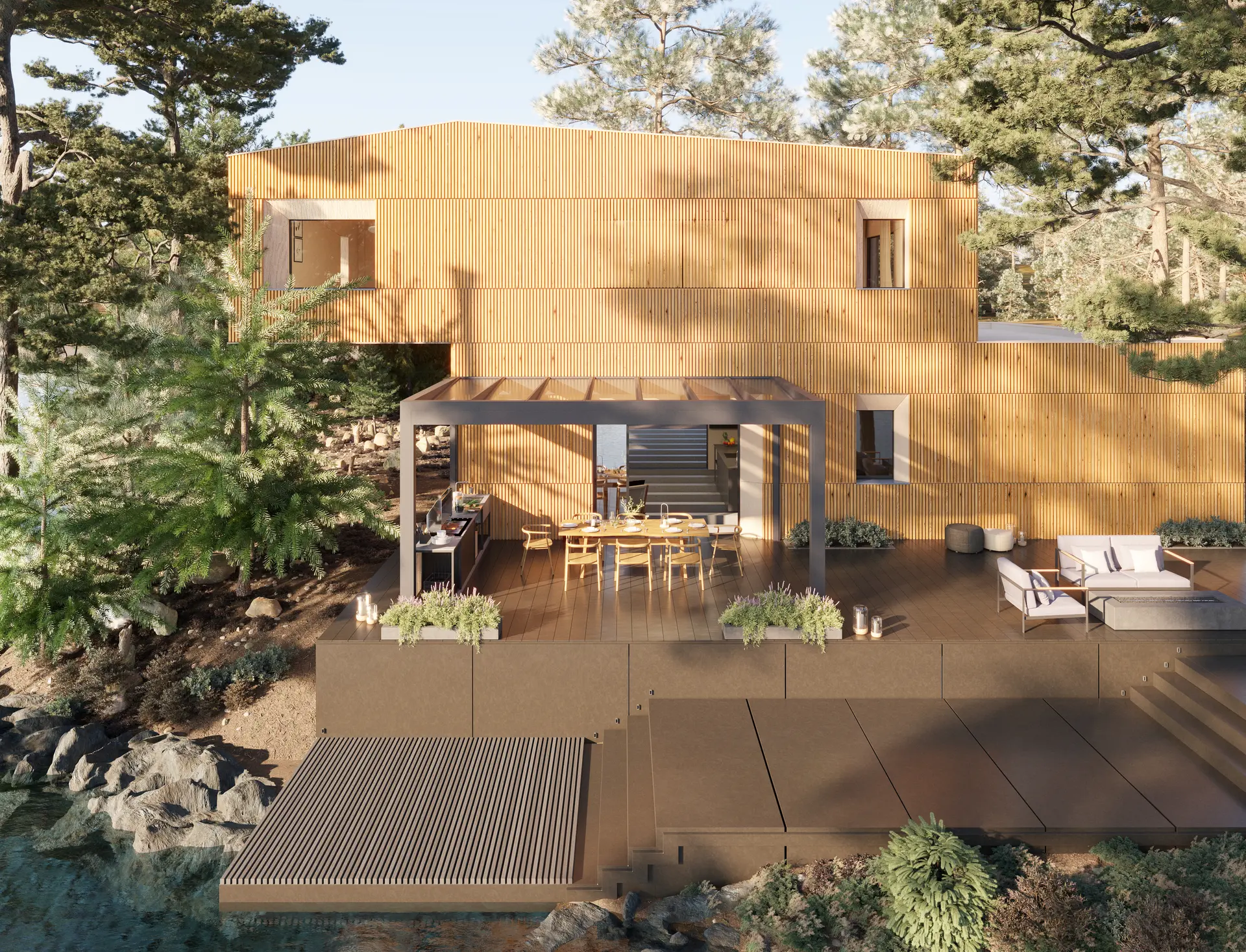 Aluminium glass roof pergola creating a bright outdoor dining area beside a modern timber‑clad home in a natural garden setting