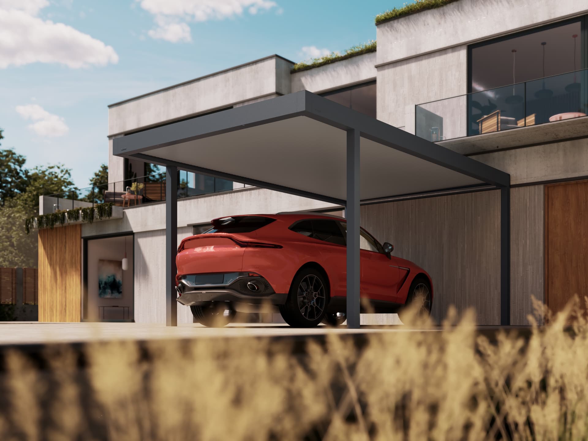 Modern aluminium Brustor carport providing covered parking for a vehicle beside a contemporary home with clean architectural lines